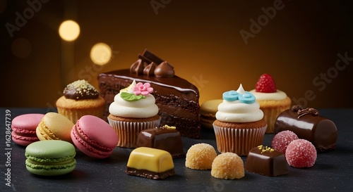 A delightful array of desserts featuring cupcakes macarons chocolates and a slice of chocolate cake arranged nicely