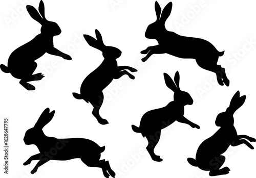 Silhouettes of jumping and running rabbits in various poses