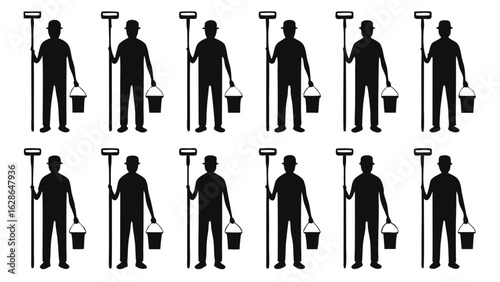 Black silhouettes of men with mops and buckets cleaning