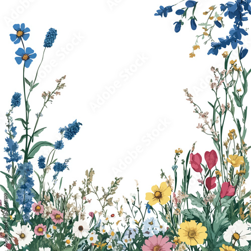 Charming Wildflowers Frame Border Vector Illustration