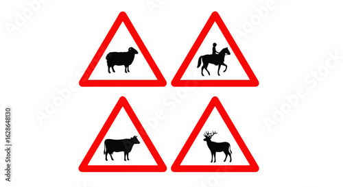 Set of four animal warning road signs with red triangular borders, featuring black silhouettes of a sheep, cow, deer, and horse rider.