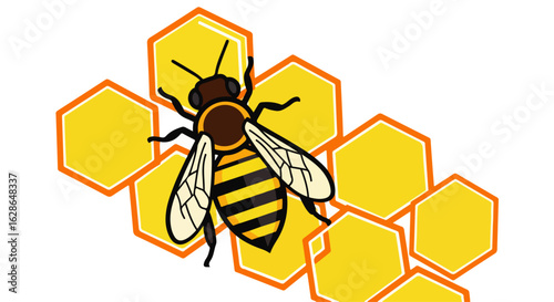 Stylized honeybee with black and yellow stripes resting on a golden yellow honeycomb.