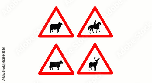 A set of four triangular animal warning road signs featuring black silhouettes of a sheep, horse rider, cow, and deer.