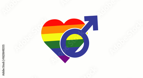 A vibrant rainbow-colored heart icon with a bold blue male gender symbol representing gay pride and love.
