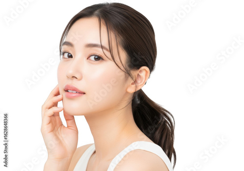 Beautiful young asian woman with perfect skin and gentle expression, isolated on transparent background