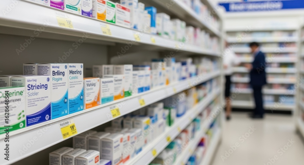 Fototapeta premium Focus on pharmaceutical product labels displayed in a neat orderly arrangement along a pharmacy aisle.