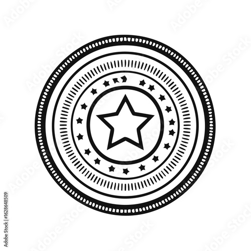 Black and white round emblem with a star in the center and surrounding stars