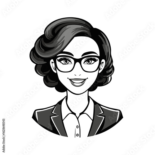 Professional woman wearing glasses smiling in a suit jacket and blouse in black and white
