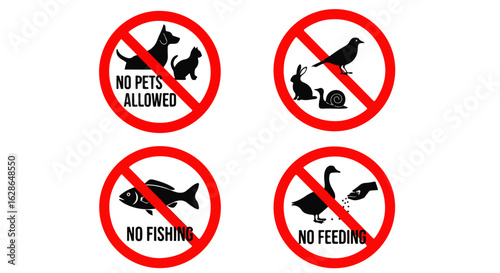 Set of four red circular prohibition signs with black animal silhouettes and warning text.