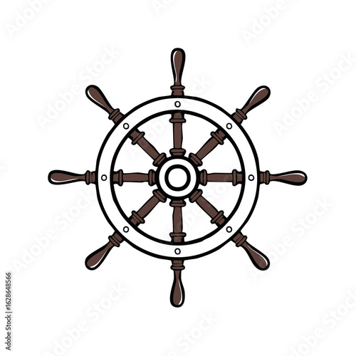 Vintage ship's steering wheel with dark wood spokes and handles, nautical navigation symbol.