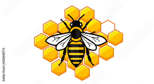 Stylized honeybee with black and yellow stripes resting on a glossy golden honeycomb.