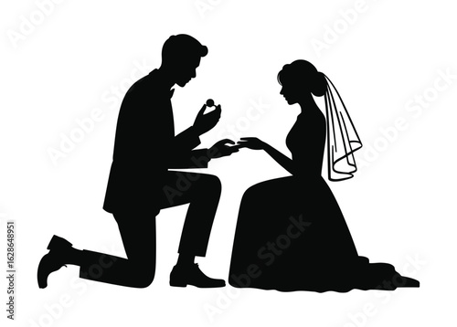 silhouette of a man proposing to a woman wearing bridal attire, romantic engagement scene capturing love, emotion, and commitment