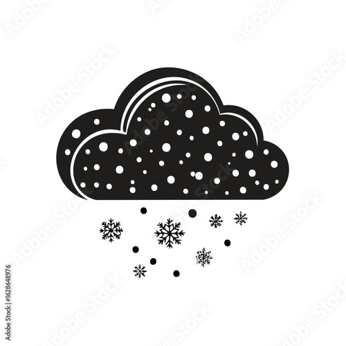 Stylized black cloud with falling snowflakes and snow dots graphic illustration