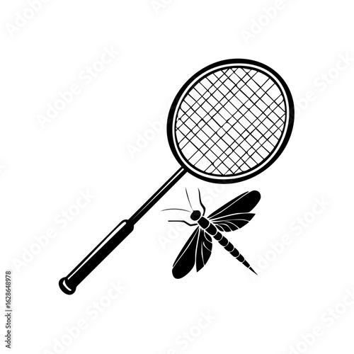 Dragonfly Insect Flying Near Badminton Racket Isolated Black and White Graphic Symbol