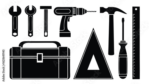 Black hand tools collection flat design illustration