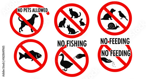 Set of red prohibition signs for animals, including no pets, no fishing, and no feeding rules.