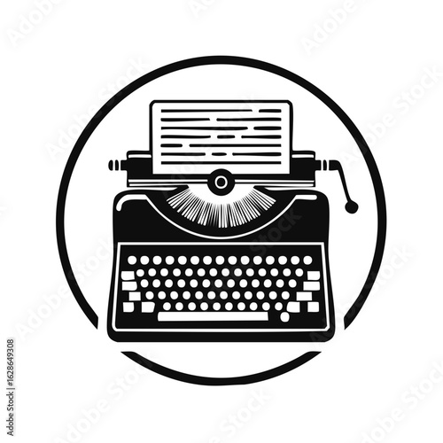 Vintage Typewriter with Paper Sheet in Round Frame Monochrome Vector