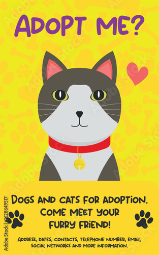 Adoption Poster Template - Adopt Me. Street Cat Illustration Promoting Adoption of Dogs and Cats. Yellow Background with Footprints and Bones.