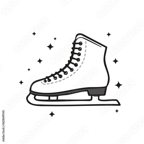 Clean illustration of a single white ice skate with black laces, sharp blade, and sparkling stars.