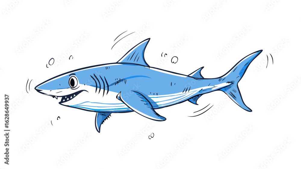 Obraz premium Colored vector illustration of a cartoon blue shark swimming with sketchy lines, symbolizing aquatic life, ocean, and marine creatures, isolated on a transparent background