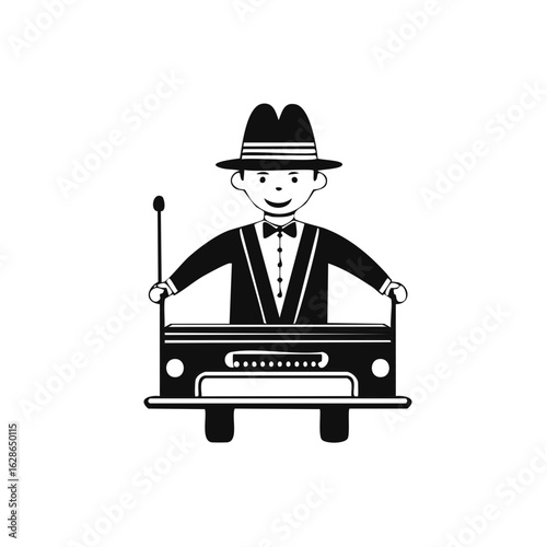 Cartoon Character Playing Xylophone Instrument with Bow Tie and Hat Musical Performance