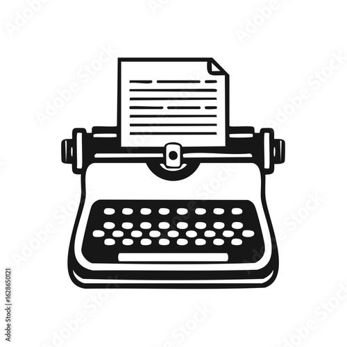 Vintage manual typewriter with a paper document simple black and white vector icon for writing and journalism