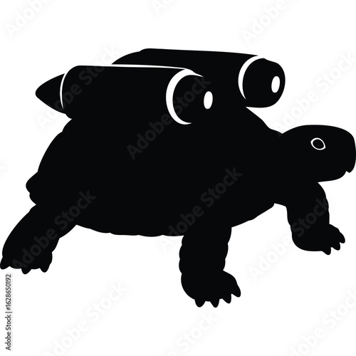 Tortoise Rocket Silhouette:  Fast Reptile, Bullet Power, Black and White