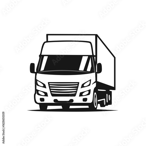 Front view of a white truck with a cargo trailer in black and white line art.