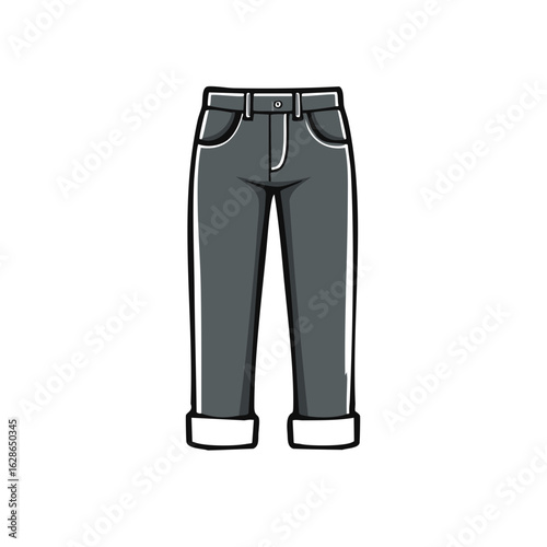 Flat illustration of grey denim jeans with rolled cuffs and white stitching