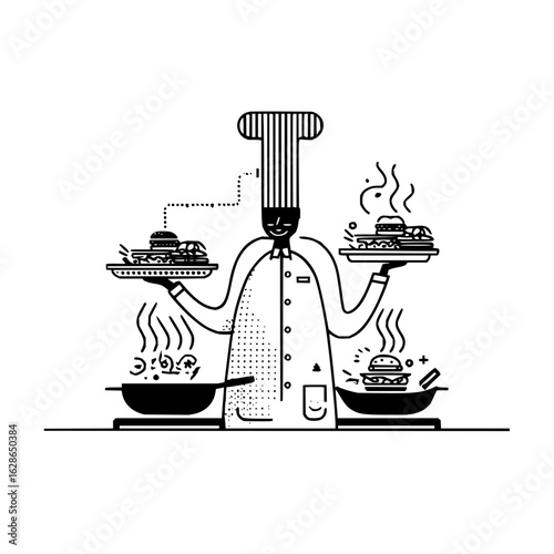 Chef cooking burgers restaurant food preparation culinary arts gastronomy gourmet cuisine kitchen chef hat
