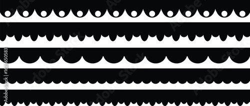 Scalloped edge seamless set. border and dividers. Simple scalloped border. Repeat cute vintage frill ornament. Texture ribbons. Vector illustration isolated on white background.