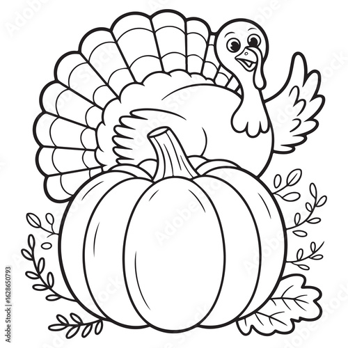 Charming Thanksgiving Turkey Perched on a Giant Pumpkin - Whimsical Cartoon Line Art for Festive Coloring Pages