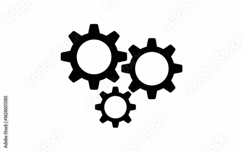 A minimalist black and white illustration of three interlocking gears of decreasing size arranged in a diagonal composition.