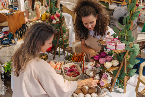 Wallpaper Mural Woman Demonstrates and Sells Unique Handmade Dessert and Fruit Candles to Female Buyer at Outdoor Craft Fair Torontodigital.ca
