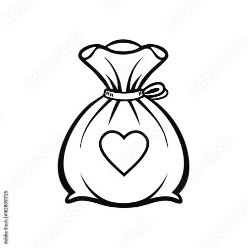 Simple line art of a sack with a heart symbol, representing a gift, donation, or charity.