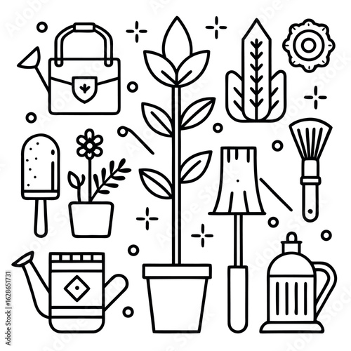 Art of collection of gardening tools and plants isolated on white background