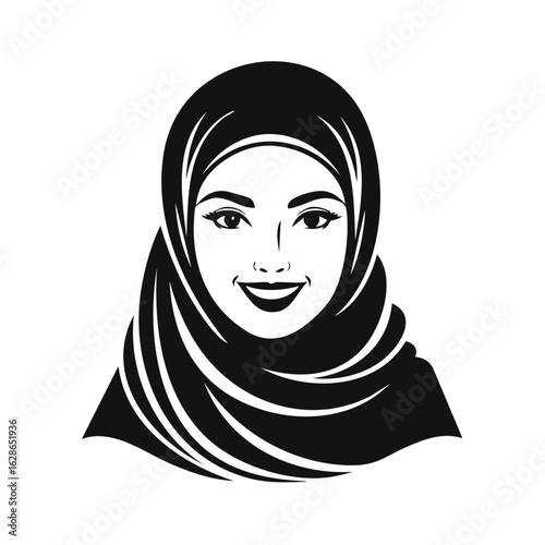 Elegant Muslim Woman in Hijab Traditional Clothing Silhouette Isolated Design Element Art, Black and White Vector Illustration