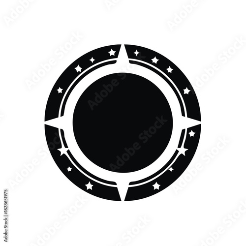 Black circular emblem with stars and compass points. Round seal or badge template for a logo or award.