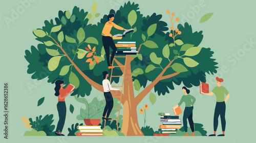 Enriching Knowledge A Community Learning and Sharing Resources Under a Symbolic Tree Filled with Books and Avid Readers