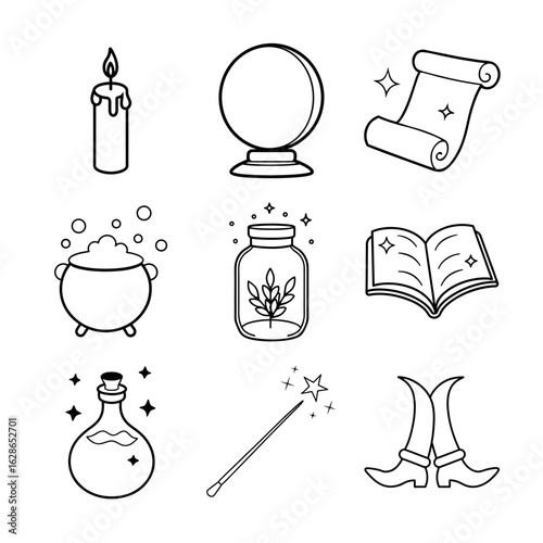 Halloween Witchcraft Magic Tools Line Art Icons for Mystic Theme Designs