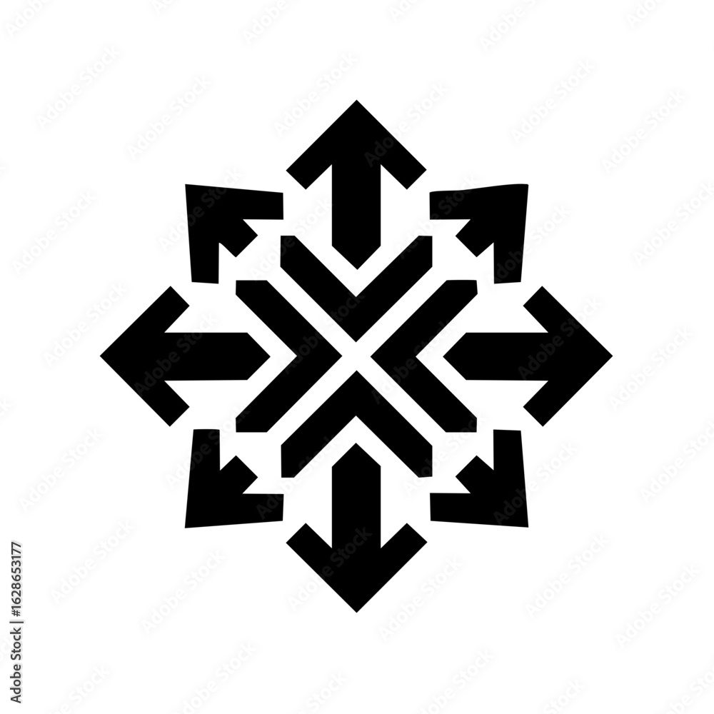 Fototapeta premium Abstract black directional arrows radiating outwards in a geometric snowflake pattern