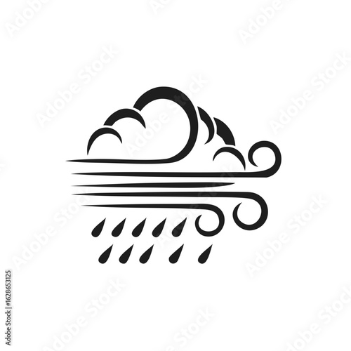 Stylized black icon of a windy and rainy storm forecast symbol