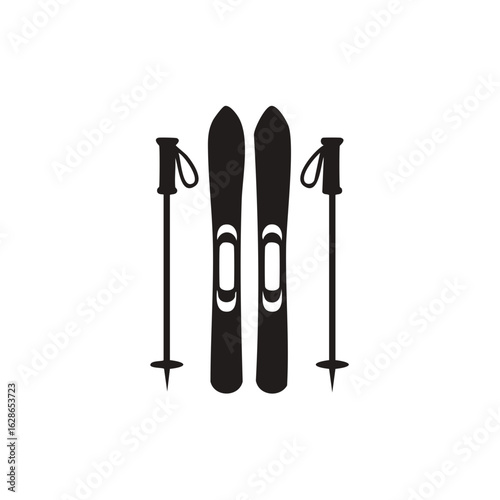 Skiing equipment silhouette icon with a pair of skis and poles for winter sports