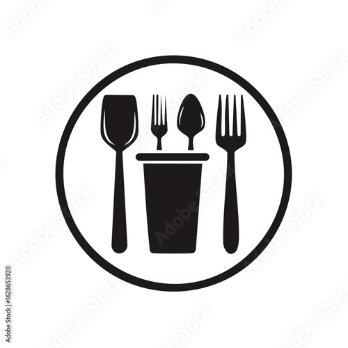 Restaurant icon with silverware, cutlery in a container, black and white circular symbol,  dining