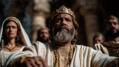 Wallpaper Mural Solomon sits on a raised throne, left hand on lion-armrest, right raised for silence; two distressed women stand before him—one clutching a baby, the other pleading; soldiers nearby; golden sunlight․ Torontodigital.ca