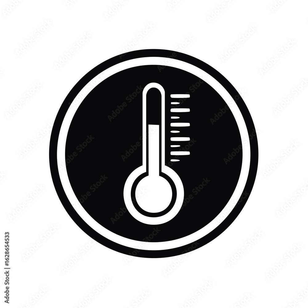 Black and white thermometer icon in a circle measuring temperature and climate conditions Black and white thermometer icon in a circle measuring temperature and climate conditions
