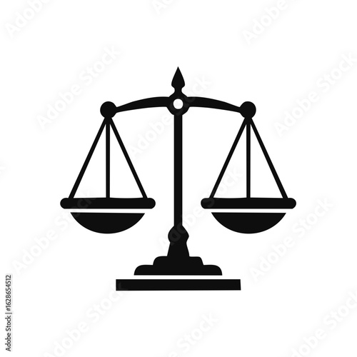 Black silhouette of balanced scales of justice on a white background