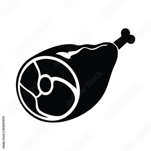 Black and White Graphic Silhouette of a Meat Leg with Bone, Food Illustration