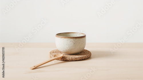 Speckled ceramic bowl on woven mat with wooden spoon on light surface pottery handcrafted