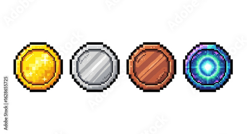 Collection of different coins, each uniquely designed with different colors and textures.